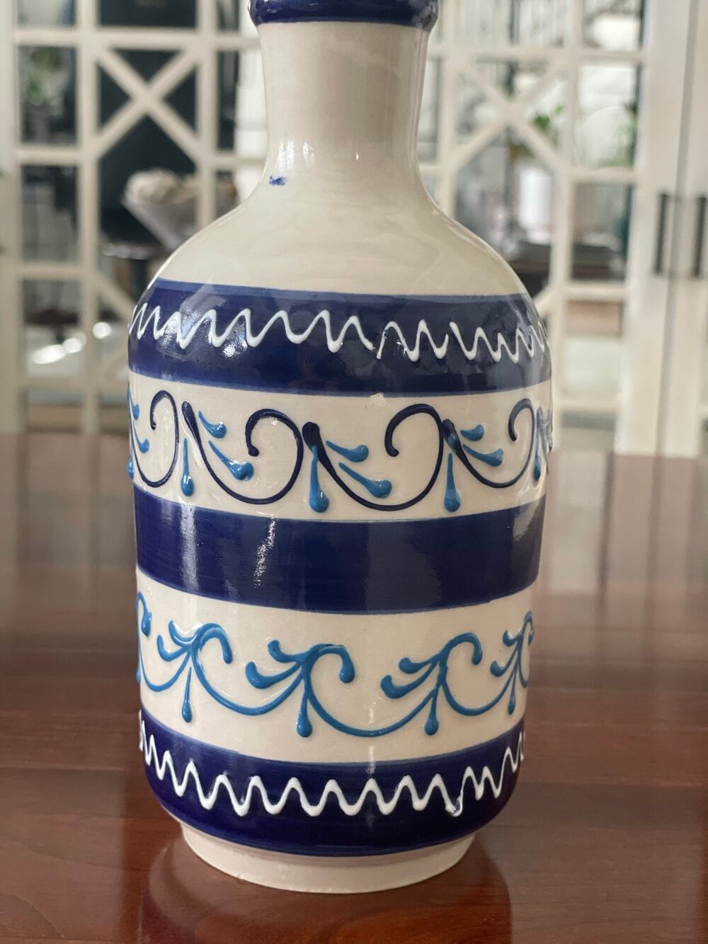 Blue and Cream Stoneware Oil Cruet Made in Spain
